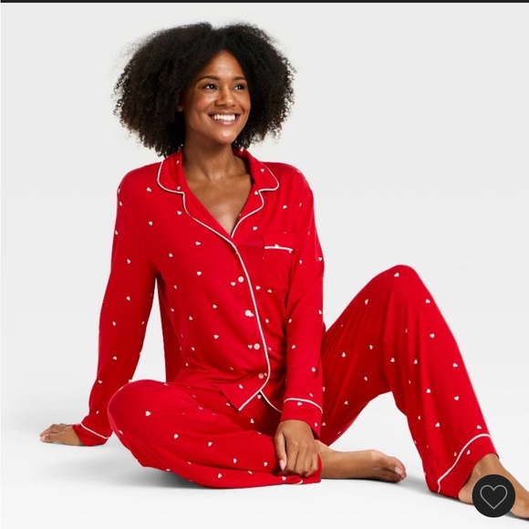 Auden Women's Cloud Knit Modal Long Sleep Notch Collar Pajama Set—Red with Heart - Picture 3 of 3
